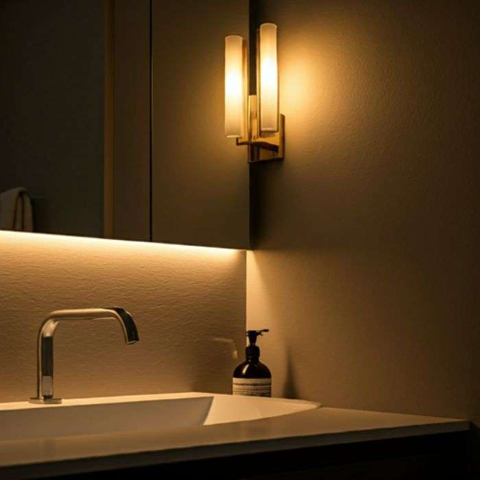 Bathroom Wall Lights: Tips for a Well-Lit Vanity and Relaxing Atmosphere A stylish bathroom vanity with a gold-toned, Art Deco-inspired wall sconce featuring three vertical light tubes. The sconce casts a warm, ambient light on the mirror and countertop.