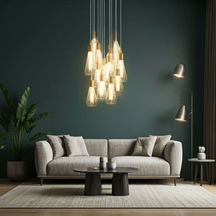 Cluster Pendant Lights: Adding Drama with Multiple Fixtures A cluster of Edison bulb pendant lights hanging from the ceiling above a gray sofa in a living room with a dark green wall. The lights cast a warm, inviting glow.
