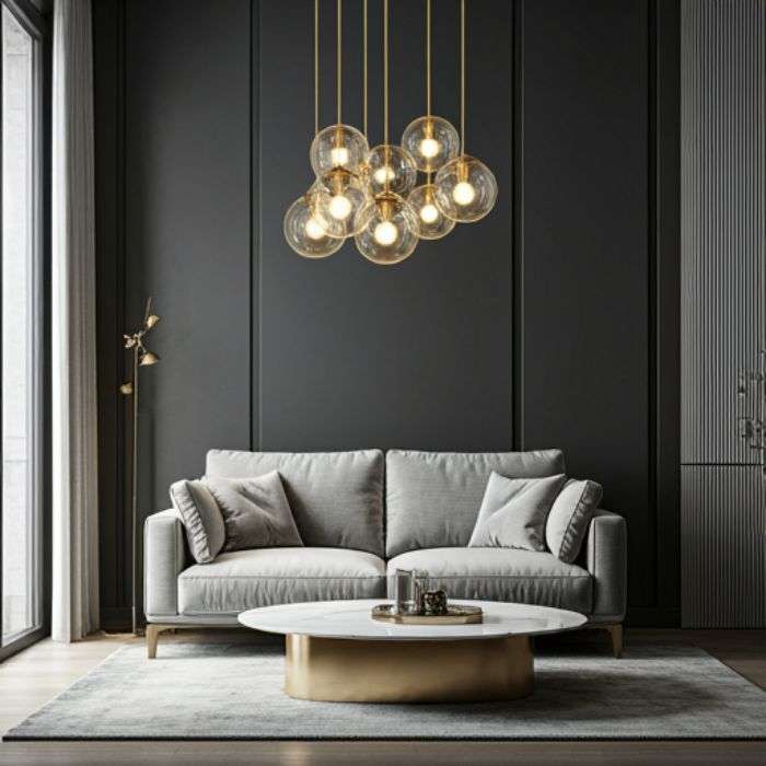 Cluster Pendant Lights: Adding Drama with Multiple Fixtures A cluster of seven glass globe pendant lights hanging above a gray sofa in a modern living room. The lights cast a warm, inviting glow.
