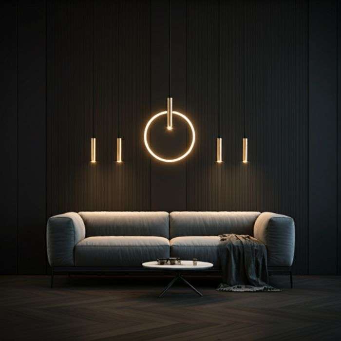 Cluster Pendant Lights: Adding Drama with Multiple Fixtures A modern living room with a dark wall and a gray sofa. The space is illuminated by a series of linear pendant lights, creating a minimalist and sophisticated atmosphere.