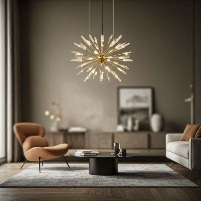 Cluster Pendant Lights: Adding Drama with Multiple Fixtures A large, modern Sputnik chandelier with multiple arms extending outwards, each holding a light source. The chandelier is hanging over a coffee table in a living room with a brown wall.